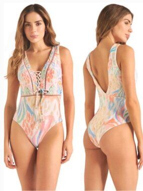 NWT Cosita Linda Pastel Lace-Up One-Piece Swimsuit Made in Colombia